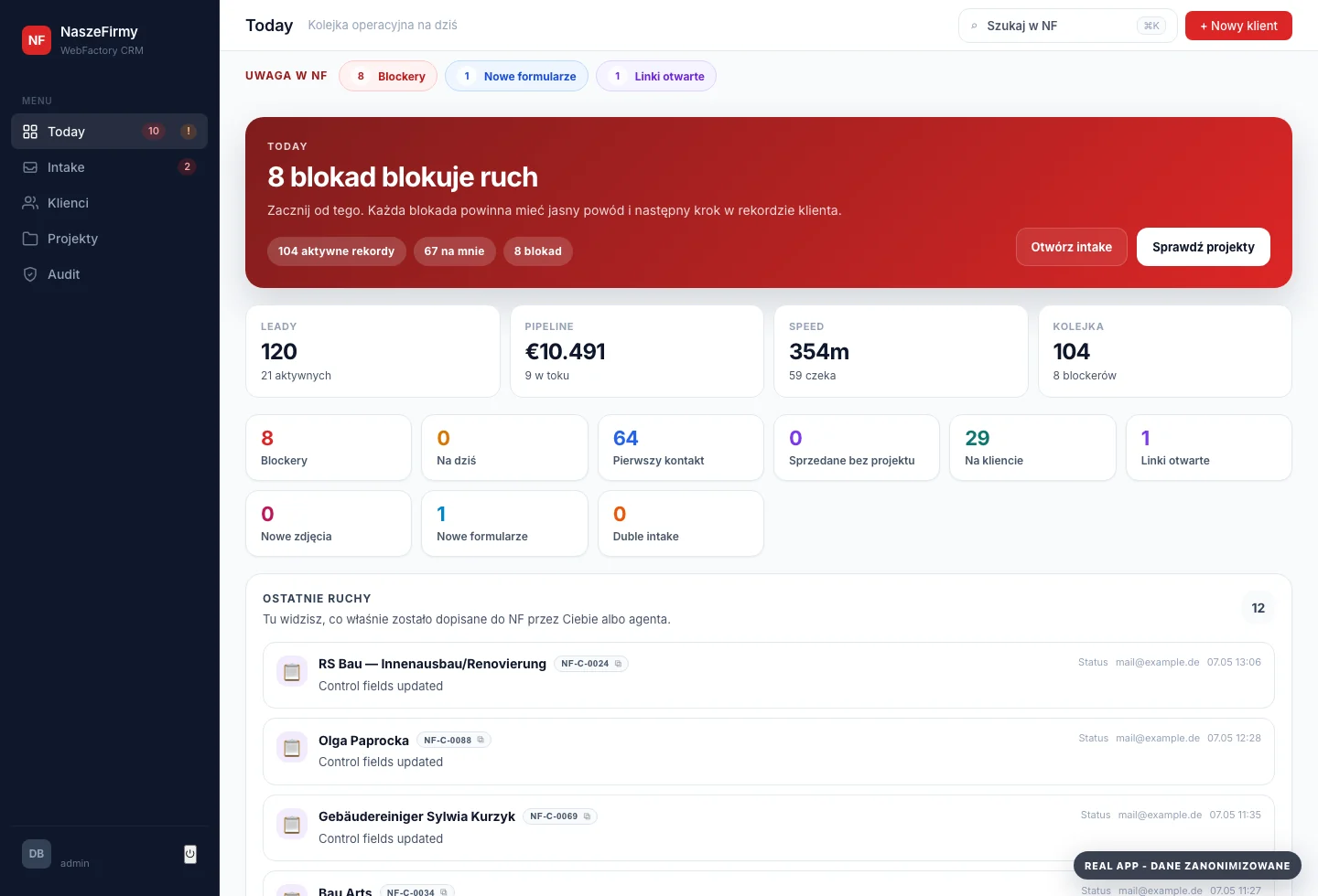 Zanonimizowany screenshot NF App - dashboard WebFactory