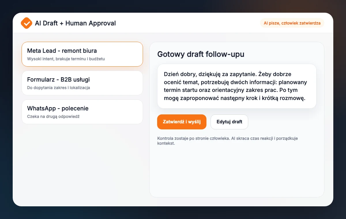 Widok AI draftu i akceptacji człowieka w systemie follow-up