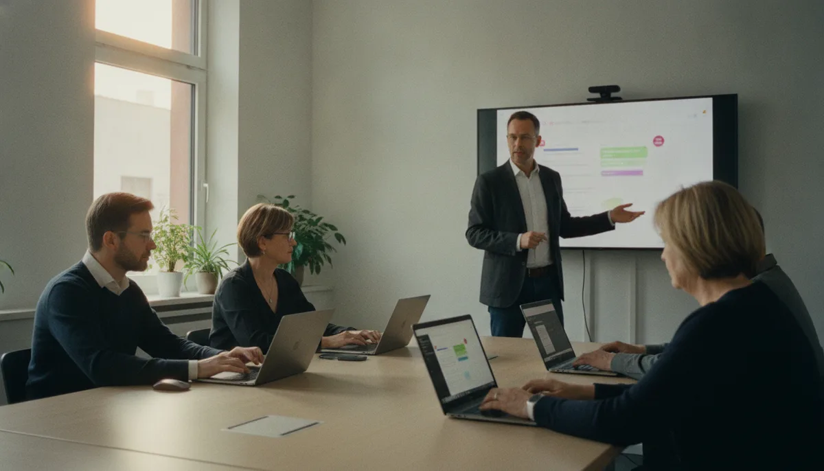 Teilnehmerin vergleicht Kursunterlagen und übt eine KI-Aufgabe am Laptop