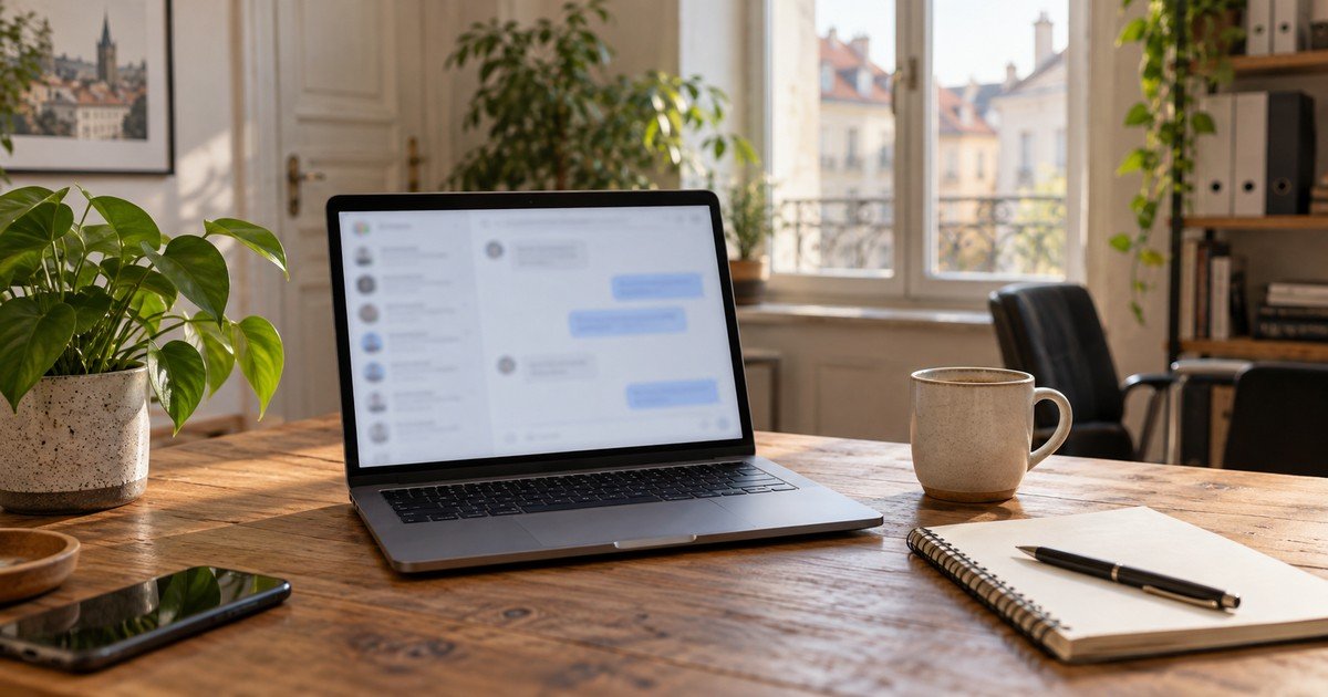 Laptop z rozmytym oknem czatu, notes i kubek na biurku w małej firmie