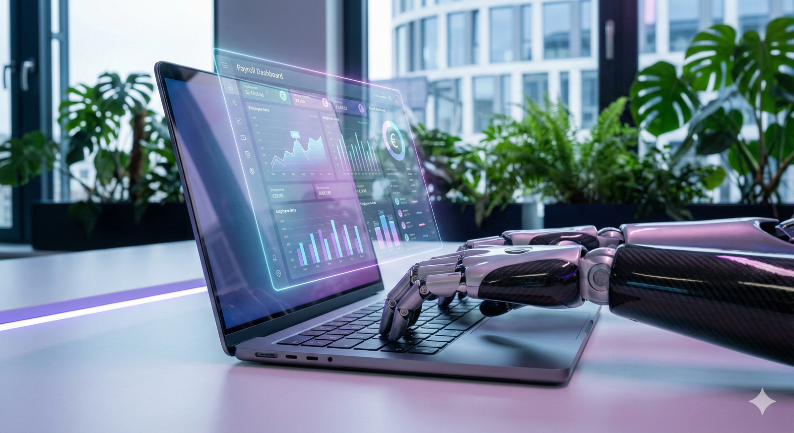 AI automatyzuje payroll - robot przy laptopie